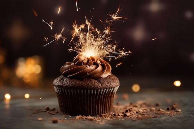 A cupcake with a sparkler on it