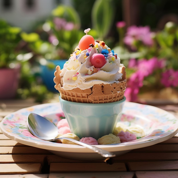 a cupcake with a spoon on a plate with a spoon