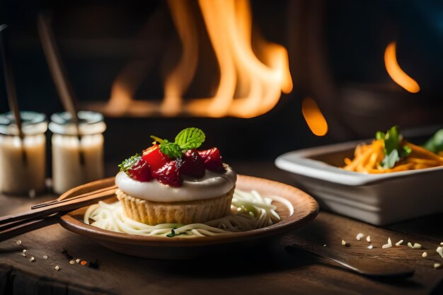 Photo a cupcake with strawberries and a cupcake on a plate with a fire in the background