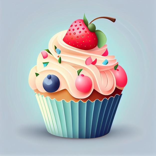 Cupcake with a strawberry and blueberries on top generative ai