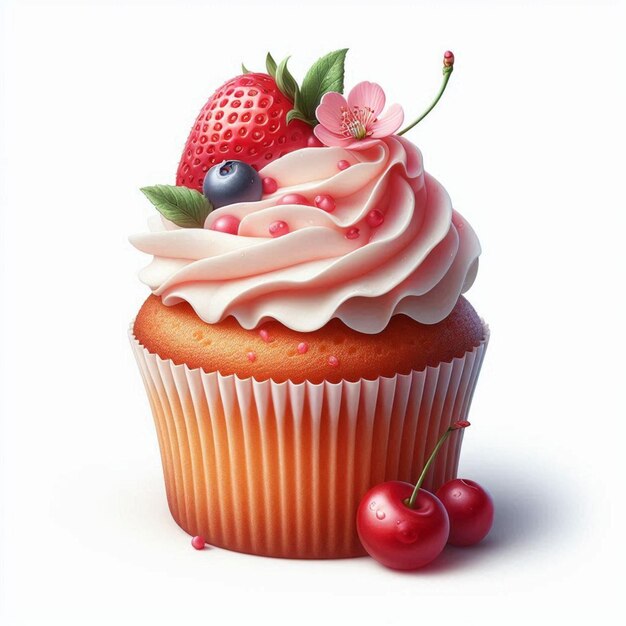 Photo a cupcake with a strawberry on the top and a strawberry on the top