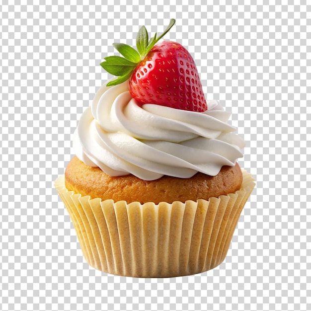 A cupcake with a strawberry on top on transparent background