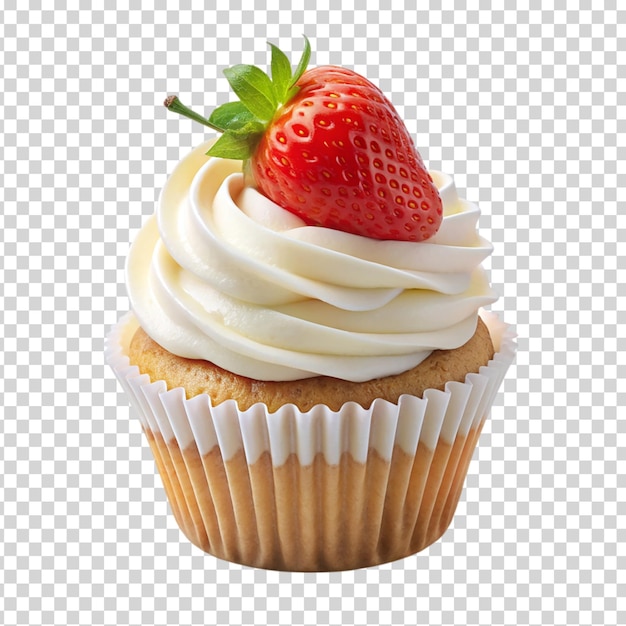 A cupcake with a strawberry on top on transparent background