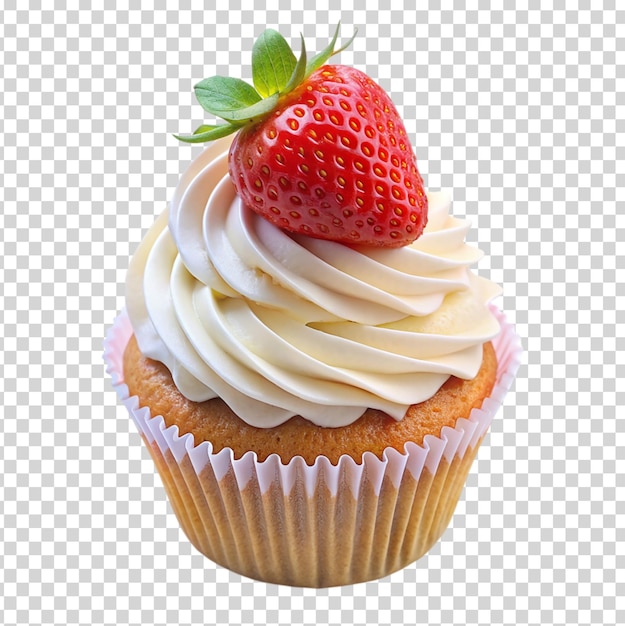 A cupcake with a strawberry on top on transparent background