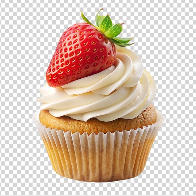 A cupcake with a strawberry on top on transparent background