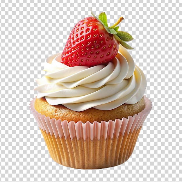 A cupcake with a strawberry on top on transparent background