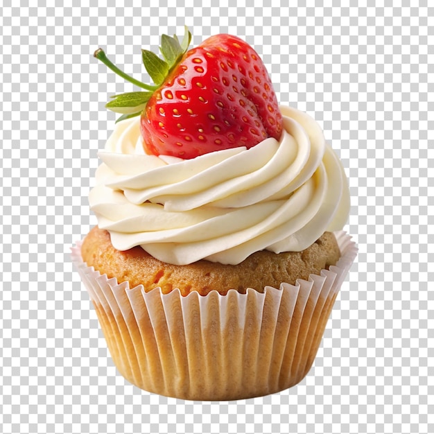 A cupcake with a strawberry on top on transparent background