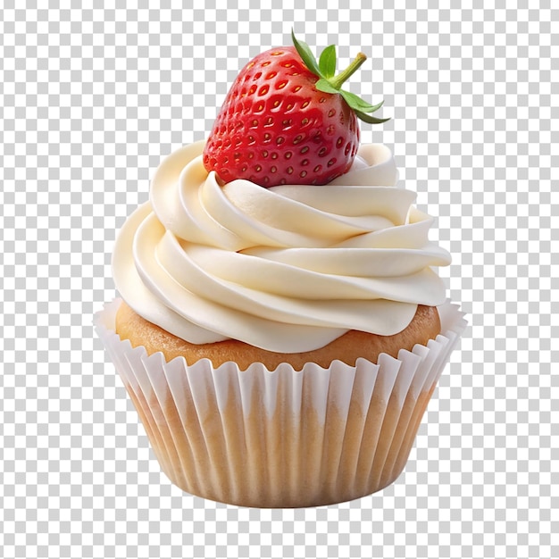 A cupcake with a strawberry on top on transparent background