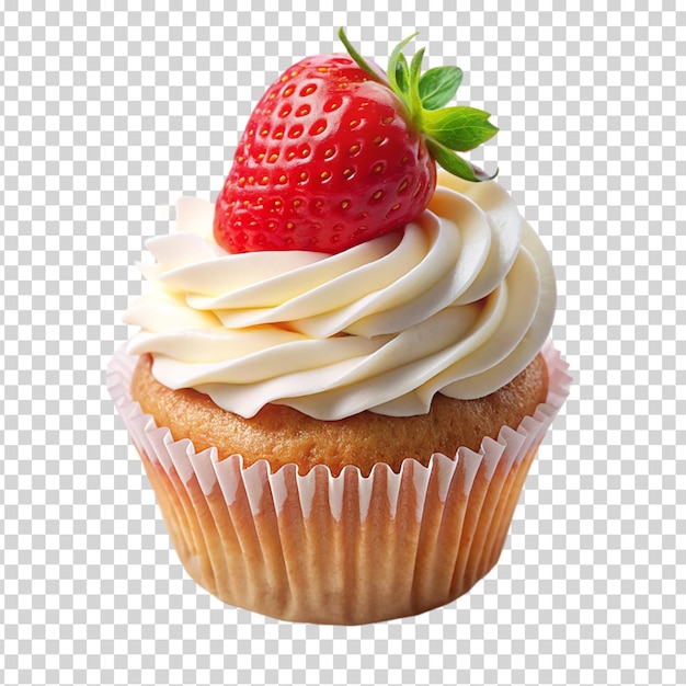 A cupcake with a strawberry on top on transparent background