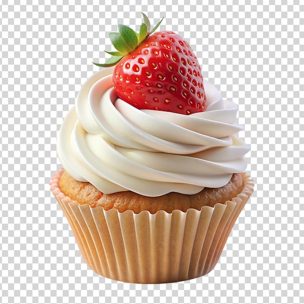 A cupcake with a strawberry on top on transparent background