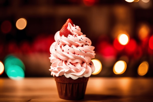 A cupcake with a strawberry topping sits on a table with lights in the background.