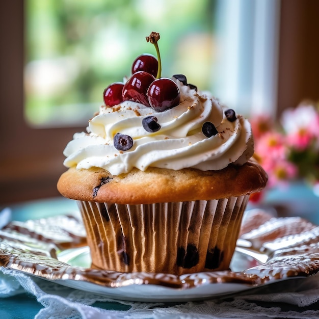 A cupcake with a swirl of icing and cherries on top.