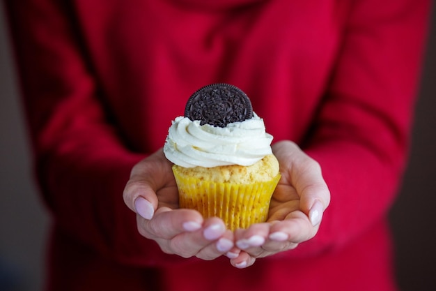 Cupcake with vanilla cream and cookies Concept for food desserts bakery celebration birthday