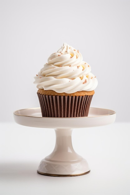 Cupcake with whipped cream on cake stand against white backdrop