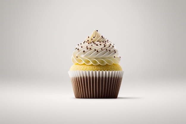 a cupcake with whipped cream and choco sprinkles isolated on white background with copy space