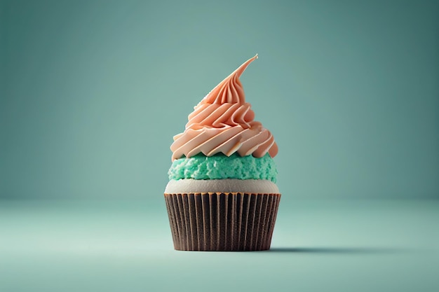 a cupcake with whipped cream isolated on grey background with copy space