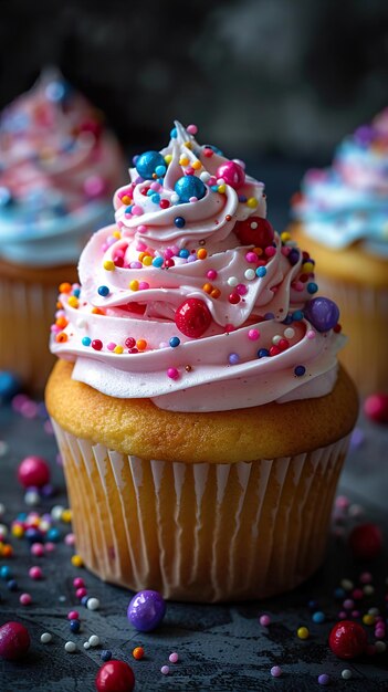 a cupcake with white frosting and colorful sprinkles on it