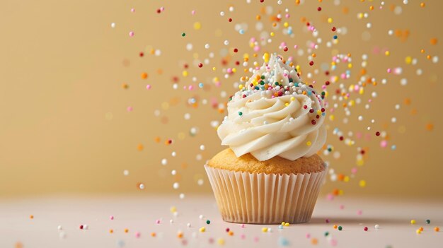 Cupcake with white frosting and colorful sprinkles on soft background