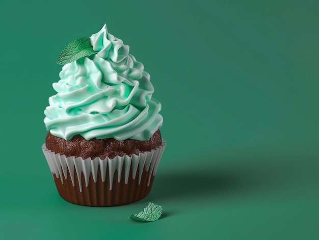 Photo a cupcake with white frosting and a green background