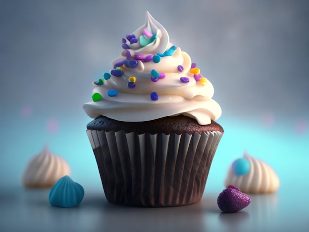 A cupcake with white frosting and multicolored sprinkles on it.