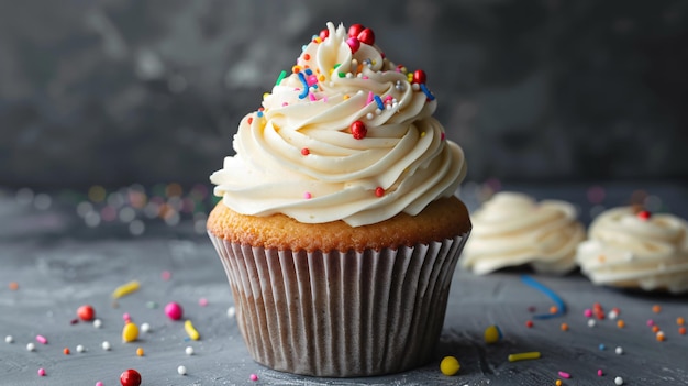 a cupcake with white frosting and sprinkles on it