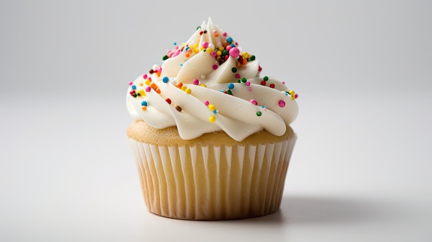 A cupcake with white frosting and sprinkles on it