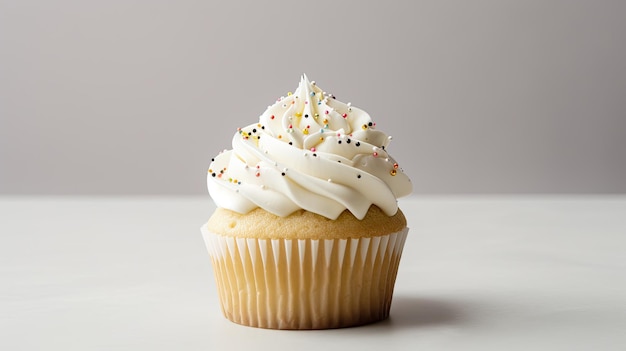 A cupcake with white frosting and sprinkles on it