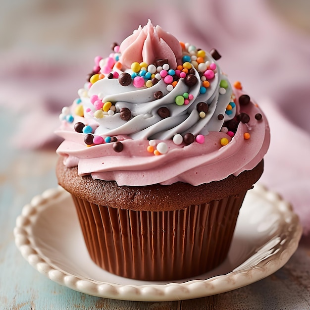 Cupcake with white frosting and sprinkles on a wooden table