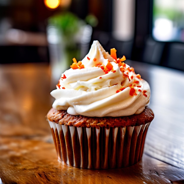 a cupcake with white icing and orange sprinkles on it