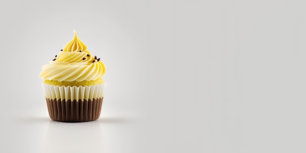 a cupcake with yellow whipped cream and choco sprinkles isolated on white background with copy space