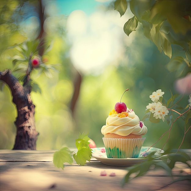 Cupcake on Wooden Table Summer Foliage Background Generative AI