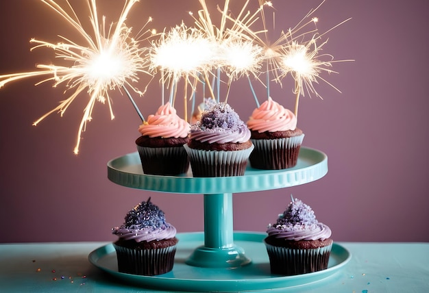 Cupcakes on a cake stand with sparklers