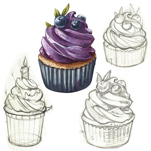 Cupcakes hand painted watercolor illustrations cupcakes design for holidays coffee shops