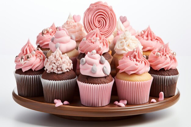 Cupcakes and a pink cake arranged on a white platter