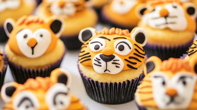 Photo cupcakes shaped like tiger faces offering a fun and whimsical dessert option with animal face designs perfect for themed parties and playful food presentations