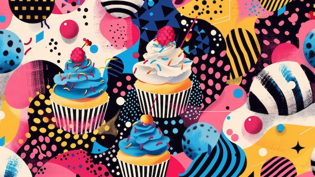 Cupcakes and structured patterns converge in a lively colorful artwork