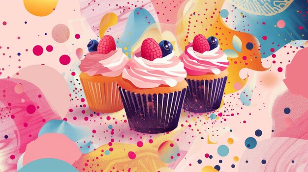 Cupcakes and structured patterns converge in a lively colorful artwork