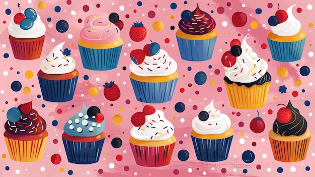 Cupcakes and structured patterns converge in a lively colorful artwork