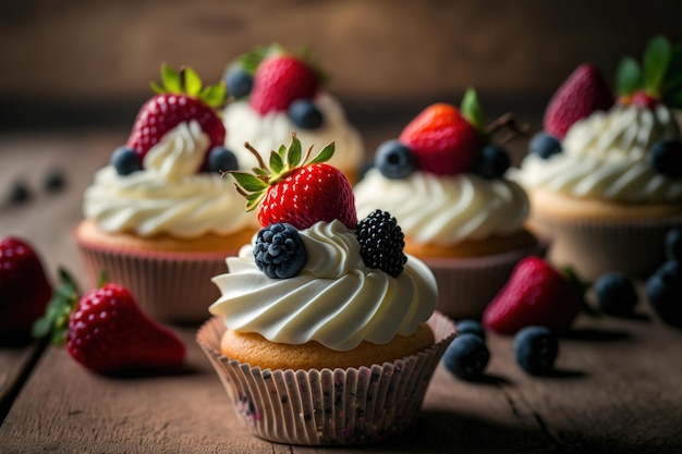 Cupcakes that are flavorful and fresh topped with yogurt cream and berries On a table in the kitchen are cakes topped with cream strawberries blueberries blackberries and raspberries cream fill