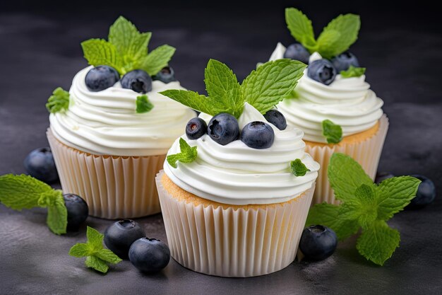 Cupcakes topped with cream blueberries and mint on a grey surface