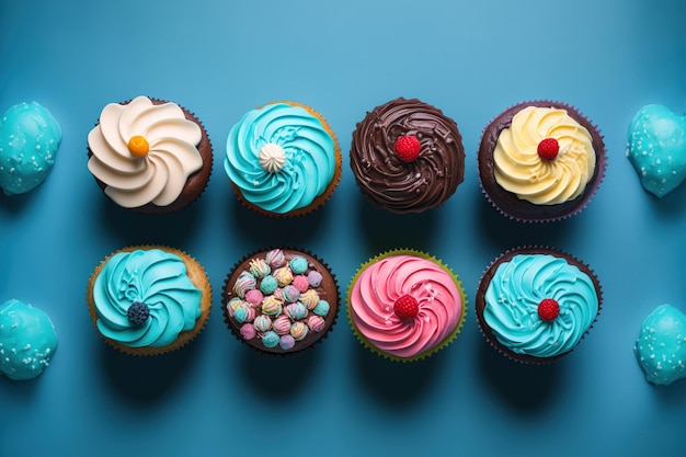 Cupcakes in various colors on a blue background with copy space