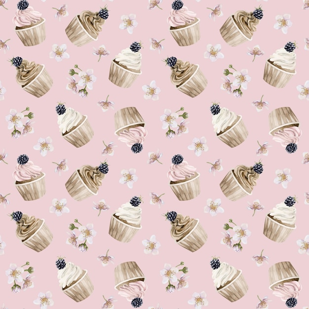 Photo cupcakes with blackberry and flowers watercolor seamless pattern on pink background for confectionery design wrapping