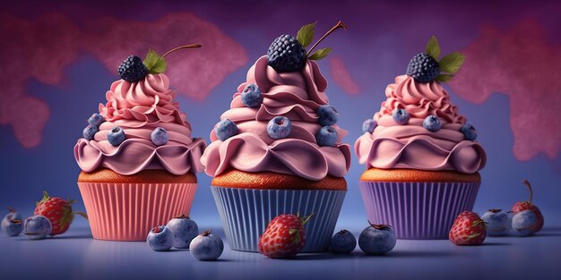 cupcakes with bluberries cream on red pastel background