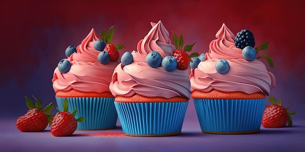 cupcakes with bluberries cream on red pastel background