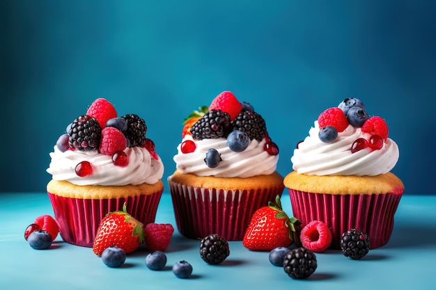 Cupcakes with a blue background and berries on the top