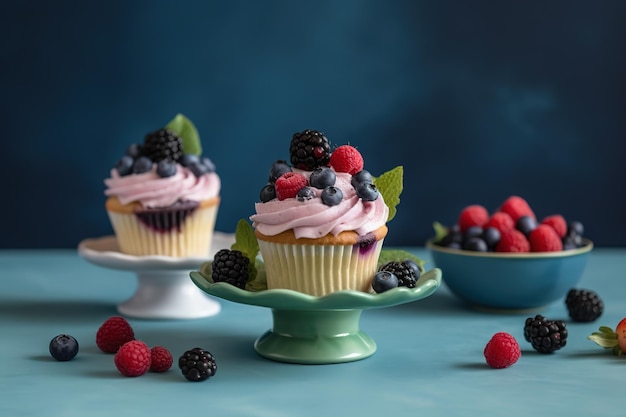 Cupcakes with a blue background and a bowl of blackberries on the table.