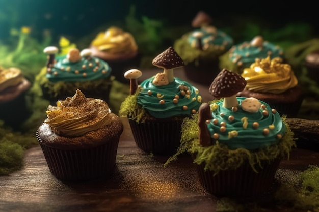 Cupcakes with blue frosting and a mushroom on top