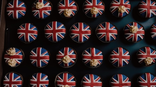 Cupcakes with the british flag on them are lined up on a table.