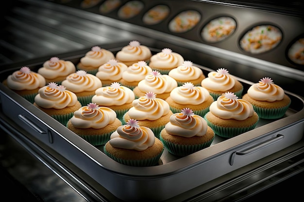 Cupcakes with cream baked in oven on baking tray