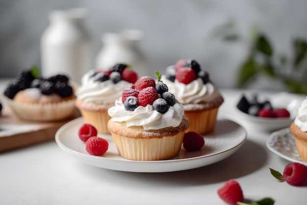 Cupcakes with cream and berries Delicious dessert Generative AI